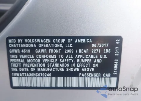 2017 Volkswagen Passat 1.8T S from USA, damaged, VIN 1VWAT7A30HC079240